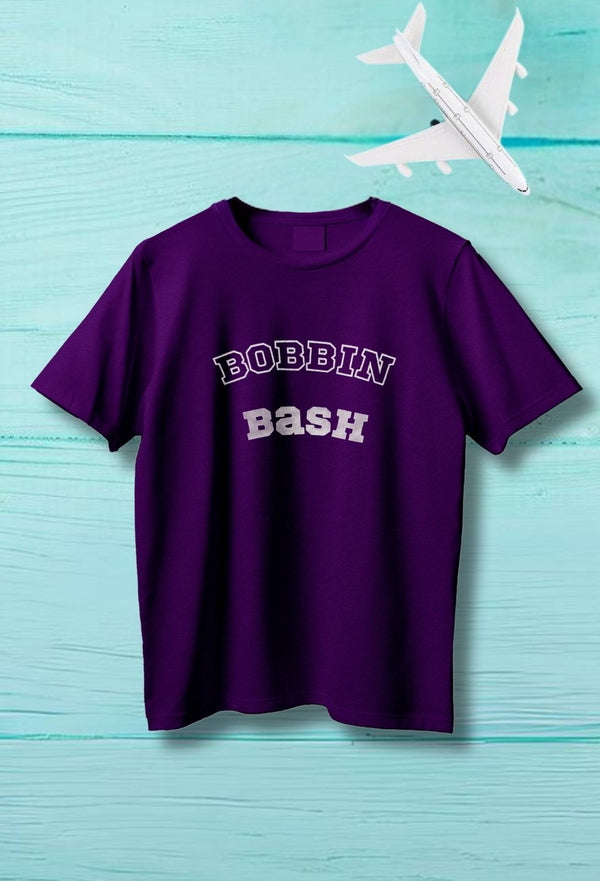 Kids' Purple Cotton T-shirt with Bobbin Bash Graphic Design #kidsfashion #sewing #embroidery #kidsclothing