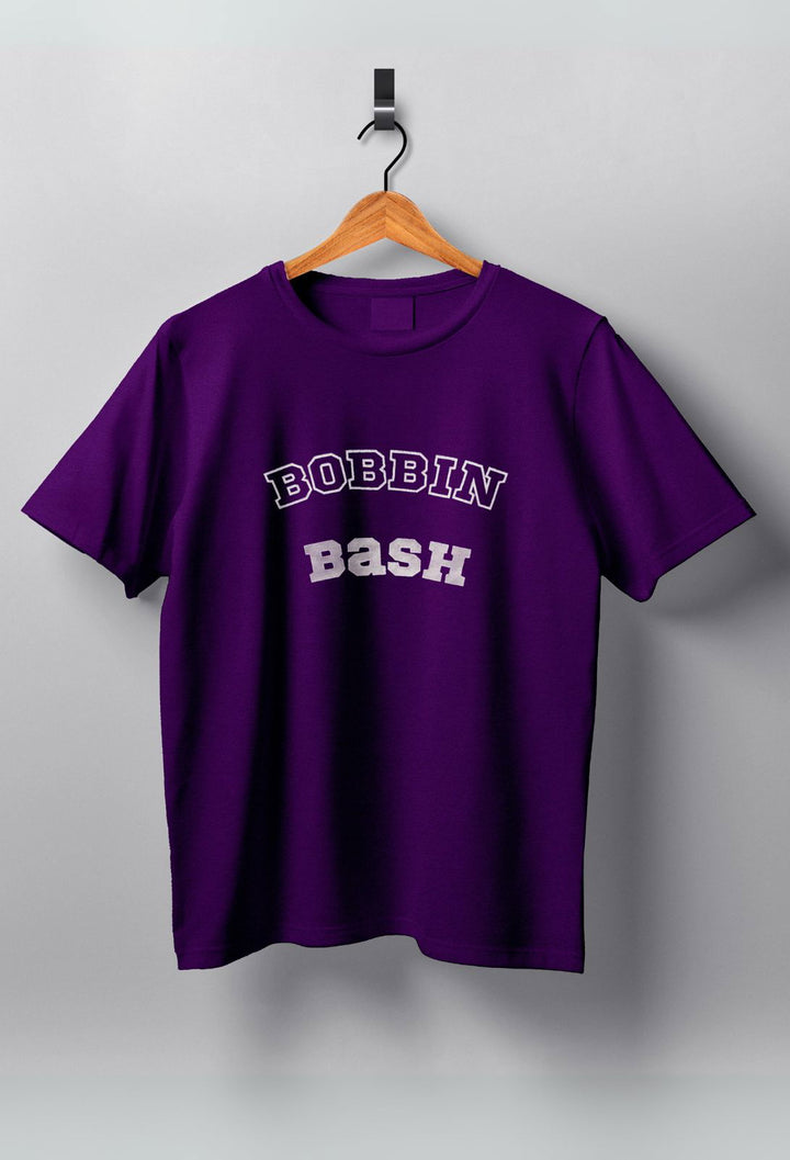 Kids' Purple Cotton T-shirt with Bobbin Bash Graphic Design #kidsfashion #sewing #embroidery #kidsclothing